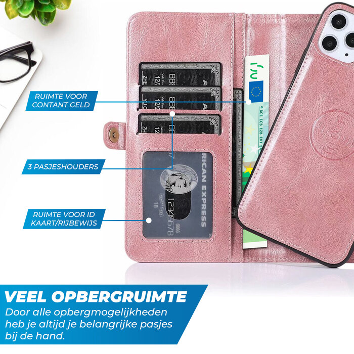 JVS Products iPhone 16 hoesje - Bookcase - Afneembaar 2 in 1 - Backcover - Pasjeshouder - Portemonnee - Kunstleer - Rose Goud