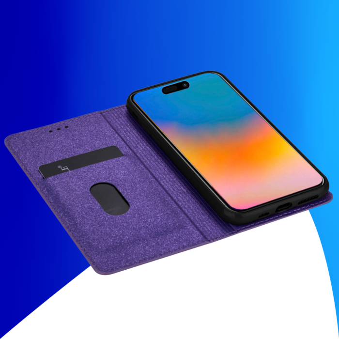 JVS Products iPhone 16 hoesje - Bookcase - Pasjeshouder - Portemonnee - Glitter - TPU - Paars