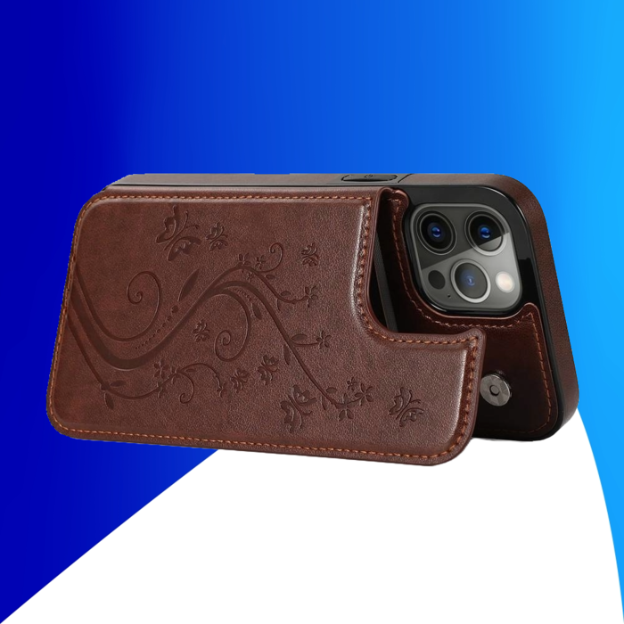 JVS Products iPhone 16 Plus hoesje - Backcover - Pasjeshouder - Portemonnee - Bloemenprint - Kunstleer - Bruin