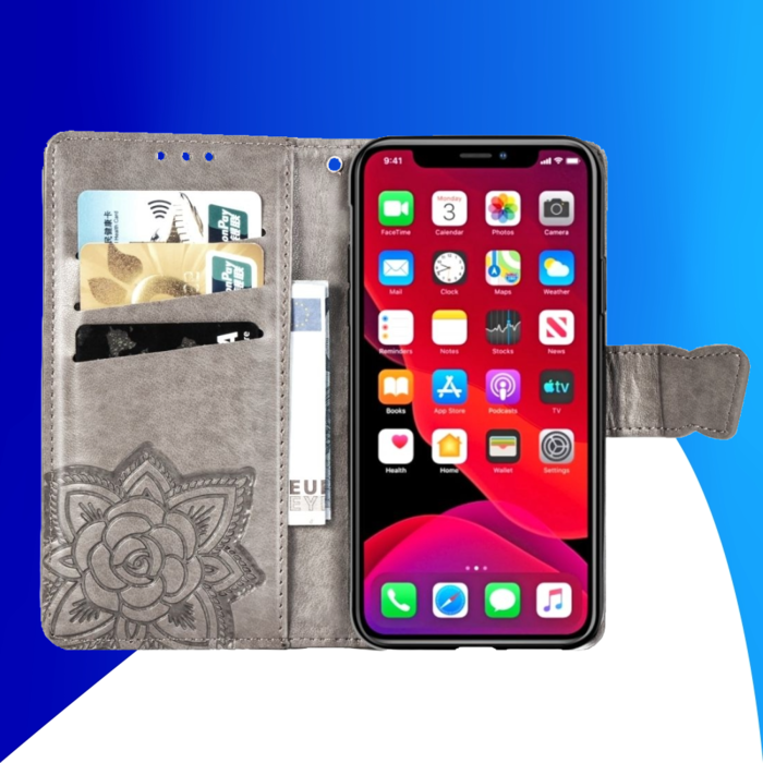 JVS Products iPhone 16 Plus hoesje - Bookcase - Pasjeshouder - Portemonnee - Vlinderpatroon - Kunstleer - Grijs