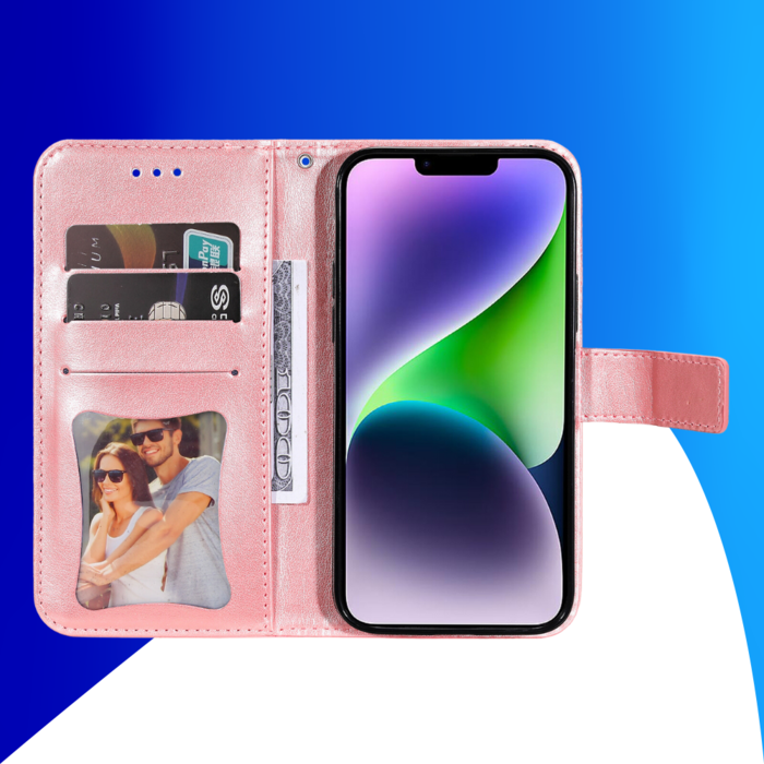 JVS Products iPhone 16 hoesje - Bookcase - Pasjeshouder - Portemonnee - Bloemenprint - Kunstleer - Rose Goud