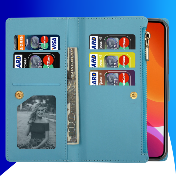 JVS Products iPhone 16 Plus hoesje - Bookcase - Koord - Pasjeshouder - Portemonnee - Glitter - Bloemenpatroon - Kunstleer - Blauw