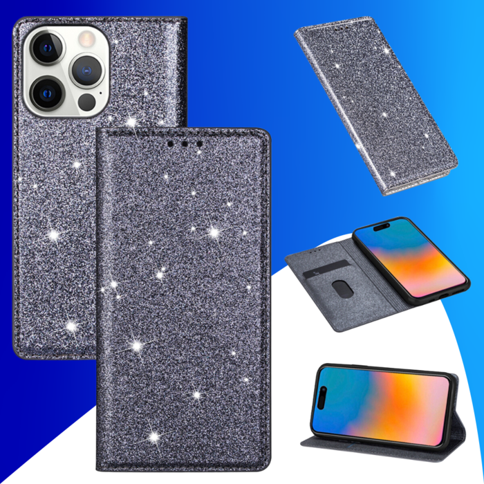 JVS Products iPhone 16 Plus hoesje - Bookcase - Pasjeshouder - Portemonnee - Glitter - TPU - Grijs