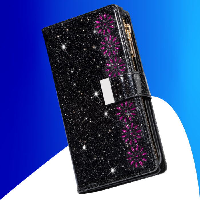 JVS Products iPhone 16 Plus hoesje - Bookcase - Koord - Pasjeshouder - Portemonnee - Glitter - Bloemenpatroon - Kunstleer - Zwart