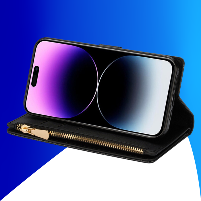 JVS Products iPhone 16 Plus hoesje - Bookcase - Koord - Pasjeshouder - Portemonnee - Glitter - Bloemenpatroon - Kunstleer - Zwart