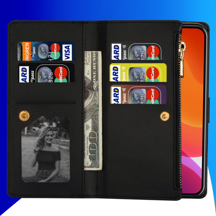 JVS Products iPhone 16 Pro Max hoesje - Bookcase - Koord - Pasjeshouder - Portemonnee - Glitter - Bloemenpatroon - Kunstleer - Zwart