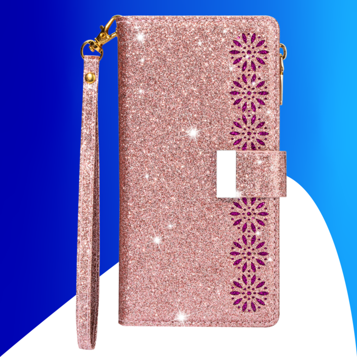 JVS Products iPhone 16 Pro hoesje - Bookcase - Koord - Pasjeshouder - Portemonnee - Glitter - Bloemenpatroon - Kunstleer - Rose Goud