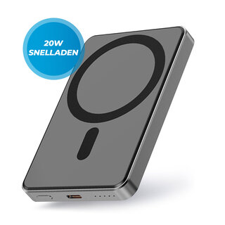 JVS Products Draadloze Powerbank 5000mAh - 20W Snellader - Geschikt voor MagSafe - 1x USB C input en output - USB-C kabel en Magnetische ring meegeleverd - Powerbank klein - Powerbank lichtgewicht - Zwart