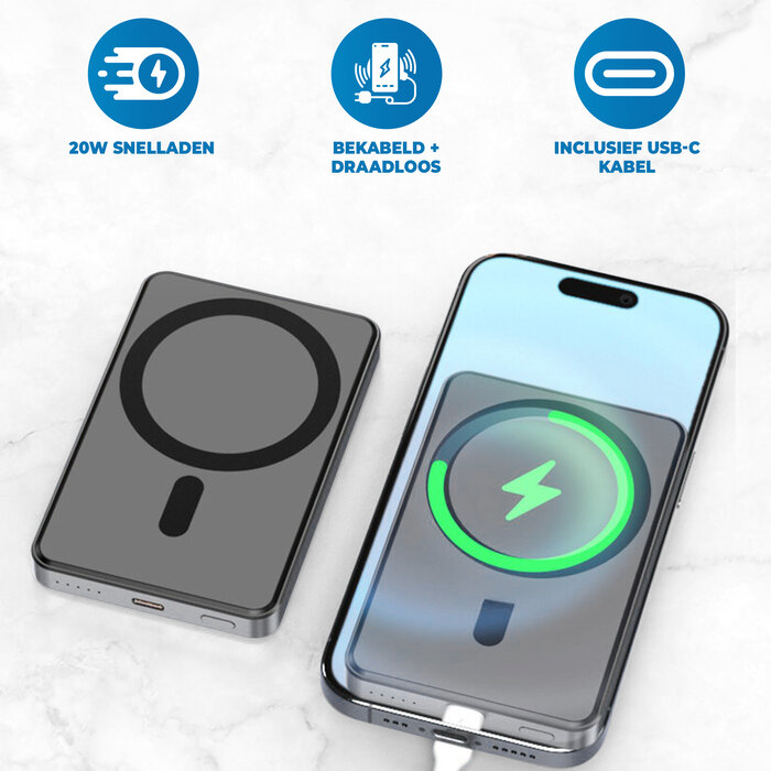 JVS Products Draadloze Powerbank 5000mAh - 20W Snellader - Geschikt voor MagSafe - 1x USB C input en output - USB-C kabel en Magnetische ring meegeleverd - Powerbank klein - Powerbank lichtgewicht - Zwart