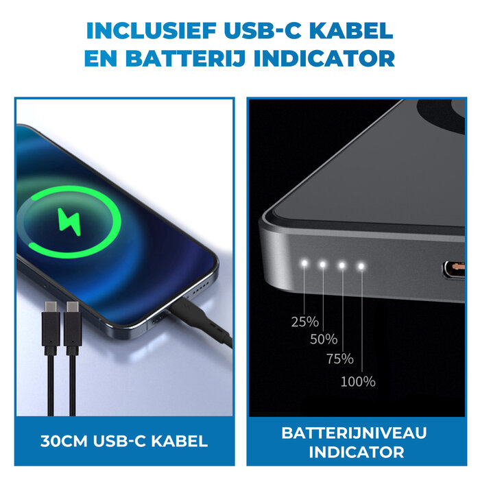 JVS Products Draadloze Powerbank 5000mAh - 20W Snellader - Geschikt voor MagSafe - 1x USB C input en output - USB-C kabel en Magnetische ring meegeleverd - Powerbank klein - Powerbank lichtgewicht - Zwart