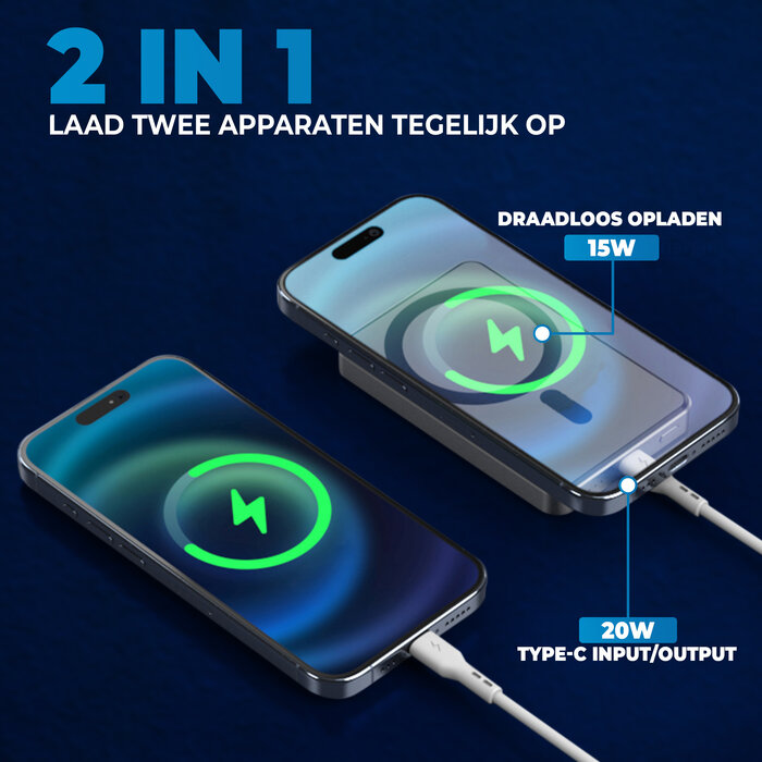 JVS Products Draadloze Powerbank 5000mAh - 20W Snellader - Geschikt voor MagSafe - 1x USB C input en output - USB-C kabel en Magnetische ring meegeleverd - Powerbank klein - Powerbank lichtgewicht - Zwart