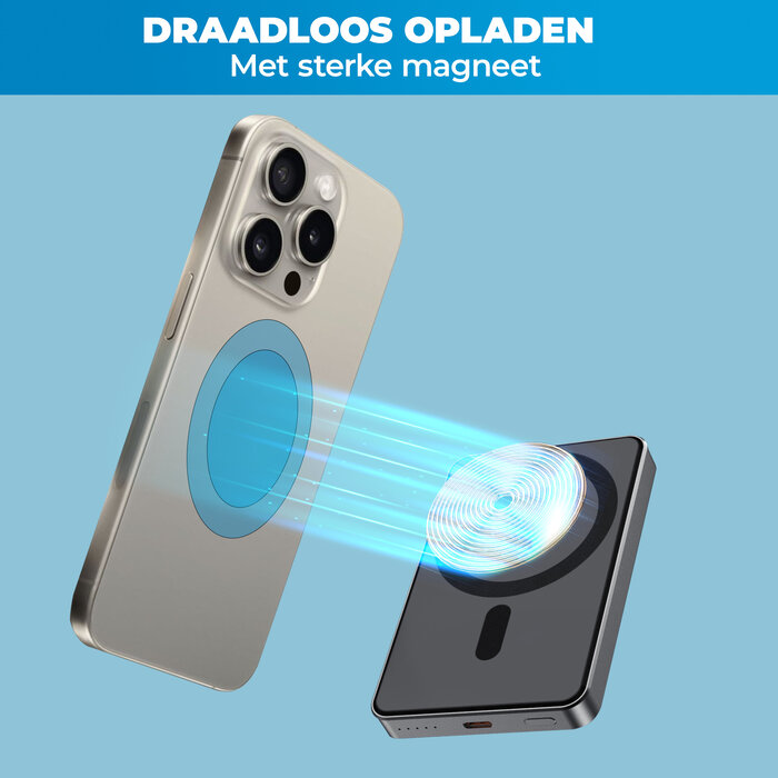 JVS Products Draadloze Powerbank 5000mAh - 20W Snellader - Geschikt voor MagSafe - 1x USB C input en output - USB-C kabel en Magnetische ring meegeleverd - Powerbank klein - Powerbank lichtgewicht - Zwart
