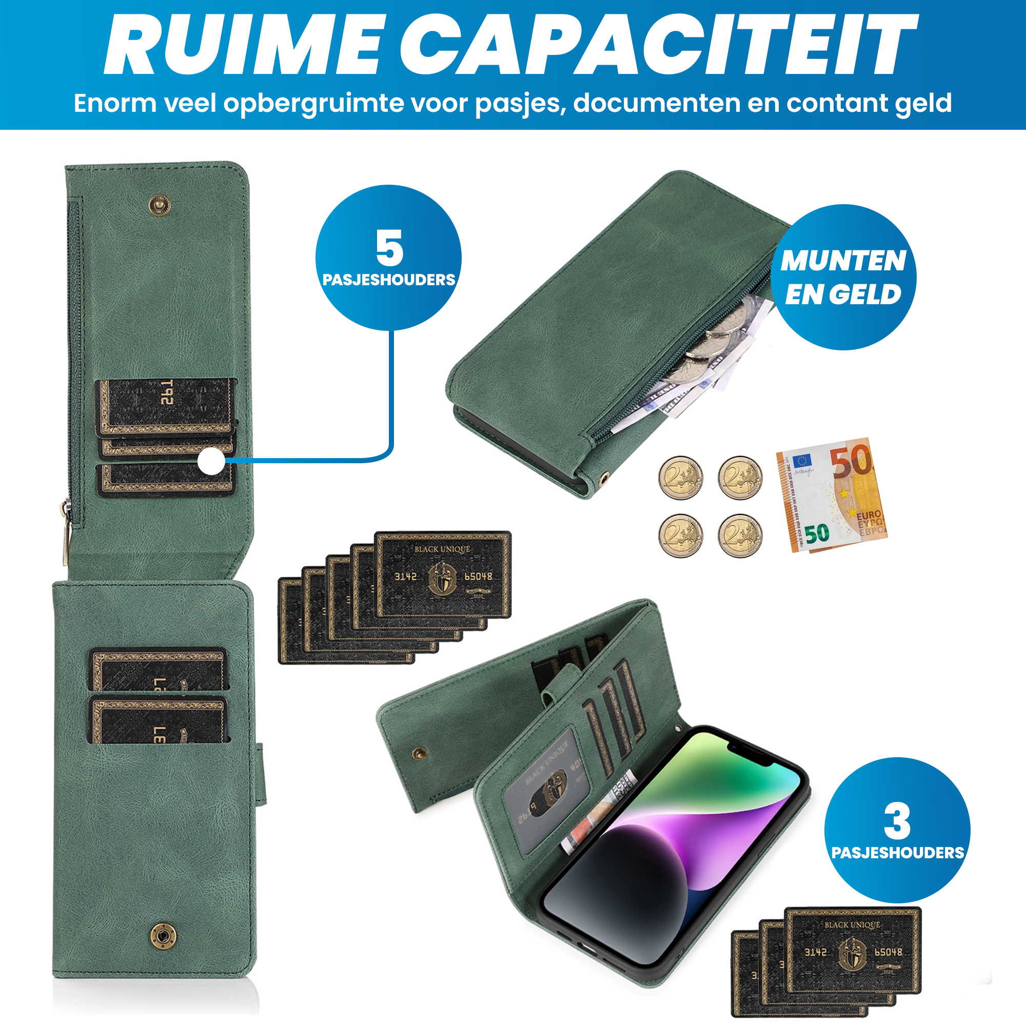 JVS Products Samsung Galaxy S25 Plus hoesje - Bookcase - Pasjeshouder - Portemonnee - Rits - Kunstleer - Groen