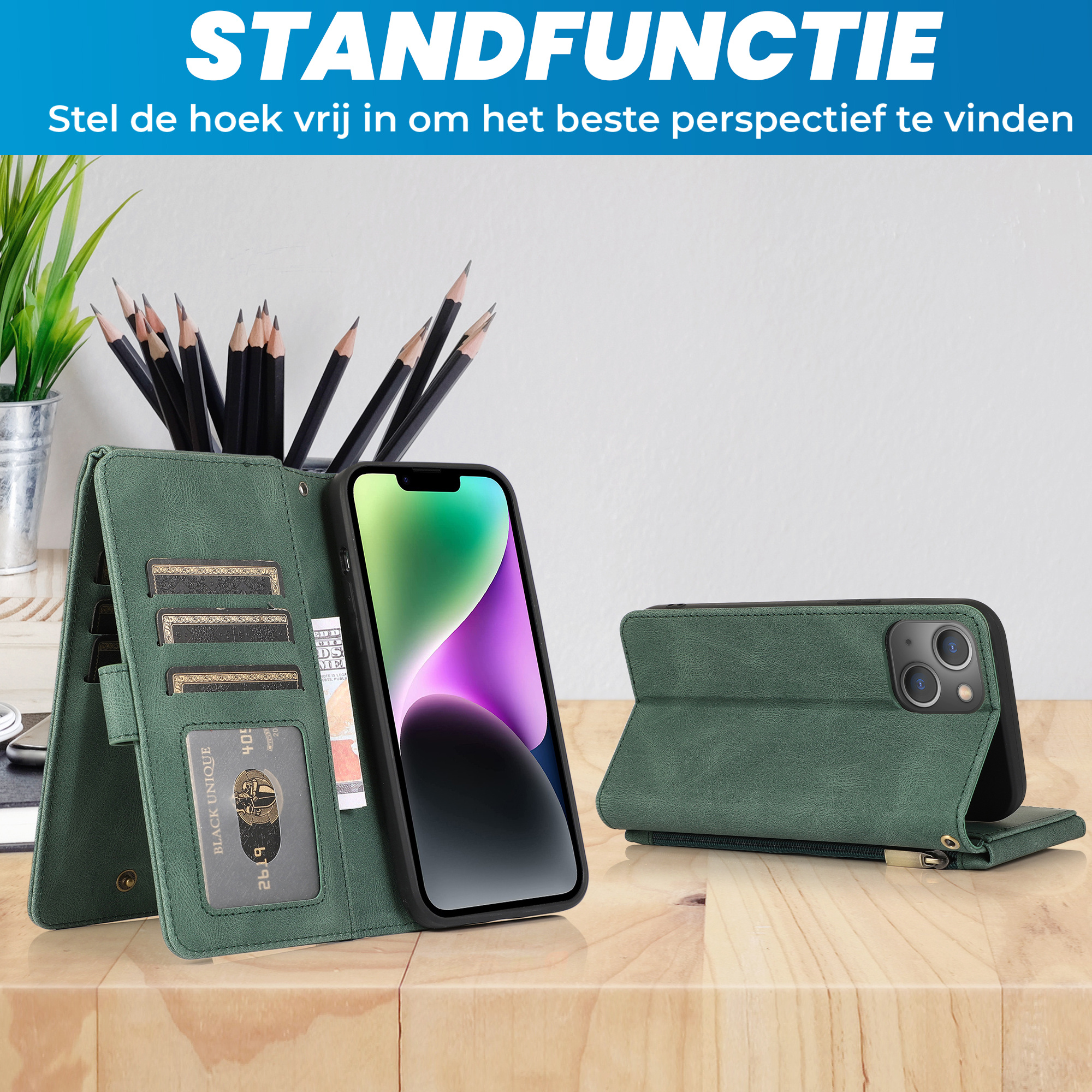 JVS Products Samsung Galaxy S25 Plus hoesje - Bookcase - Pasjeshouder - Portemonnee - Rits - Kunstleer - Groen