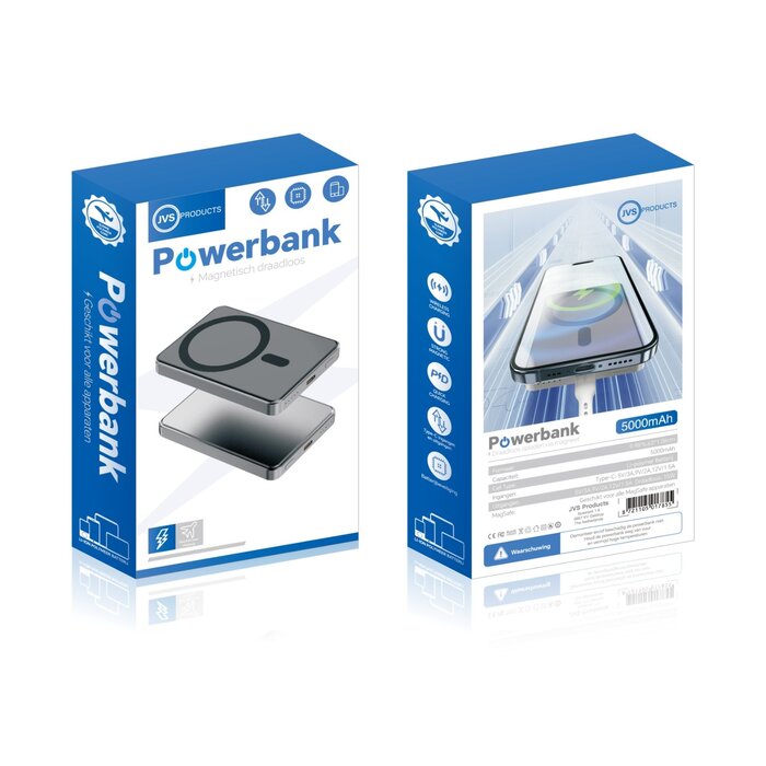 JVS Products Draadloze Powerbank 5000mAh - 20W Snellader - Geschikt voor MagSafe - 1x USB C input en output - USB-C kabel en Magnetische ring meegeleverd - Powerbank klein - Powerbank lichtgewicht - Zwart
