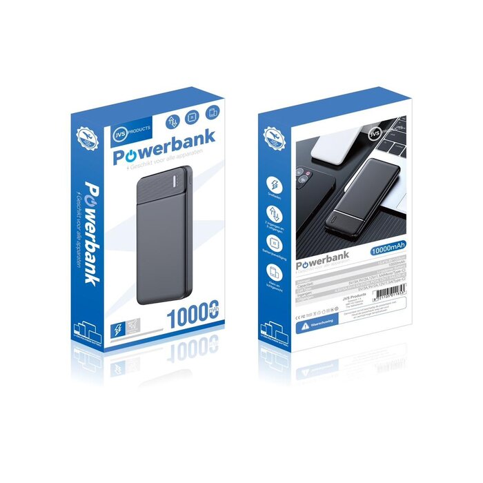 JVS Products Powerbank 10000 mAh - 2x USB A output, 1x USB C output & 1x Micro USB input - USB A naar USB C kabel meegeleverd - Powerbank klein - Powerbank lichtgewicht - Zwart