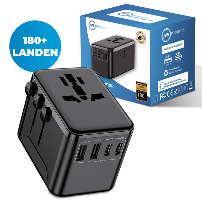 JVS Products Universele wereldstekker - Snellader 18W - Reisstekker - Internationale Reisadapter - 2x USB-C en 2x USB-A - 180+ Landen - Amerika (USA) - Zuid Amerika - Engeland (UK) - Azië - Europa - Afrika - 2500W - Wereldstekker lichtgewicht - Zwart