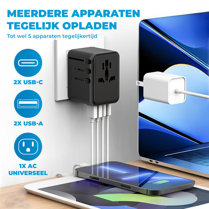JVS Products Universele wereldstekker - Snellader 18W - Reisstekker - Internationale Reisadapter - 2x USB-C en 2x USB-A - 180+ Landen - Amerika (USA) - Zuid Amerika - Engeland (UK) - Azië - Europa - Afrika - 2500W - Wereldstekker lichtgewicht - Zwart
