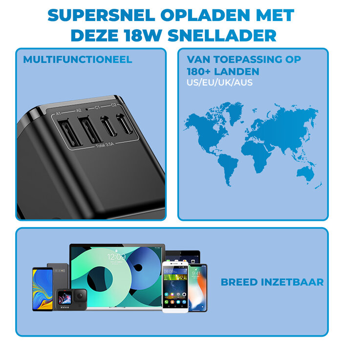 JVS Products Universele wereldstekker - Snellader 18W - Reisstekker - Internationale Reisadapter - 2x USB-C en 2x USB-A - 180+ Landen - Amerika (USA) - Zuid Amerika - Engeland (UK) - Azië - Europa - Afrika - 2500W - Wereldstekker lichtgewicht - Zwart