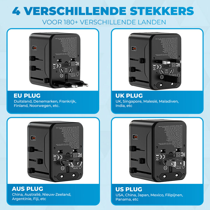 JVS Products Universele wereldstekker - Snellader 18W - Reisstekker - Internationale Reisadapter - 2x USB-C en 2x USB-A - 180+ Landen - Amerika (USA) - Zuid Amerika - Engeland (UK) - Azië - Europa - Afrika - 2500W - Wereldstekker lichtgewicht - Zwart