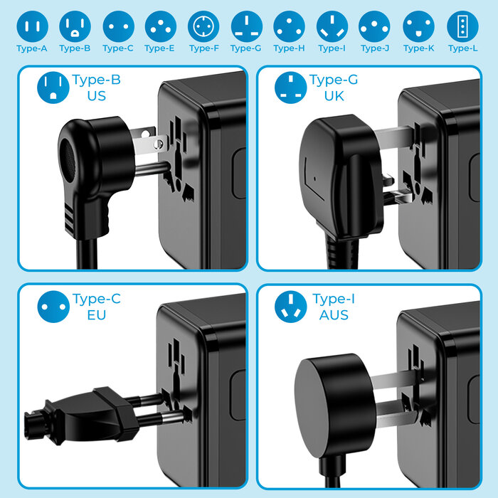 JVS Products Universele wereldstekker - Snellader 18W - Reisstekker - Internationale Reisadapter - 2x USB-C en 2x USB-A - 180+ Landen - Amerika (USA) - Zuid Amerika - Engeland (UK) - Azië - Europa - Afrika - 2500W - Wereldstekker lichtgewicht - Zwart