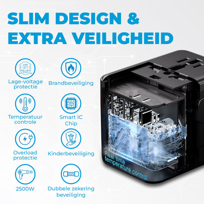 JVS Products Universele wereldstekker - Snellader 18W - Reisstekker - Internationale Reisadapter - 2x USB-C en 2x USB-A - 180+ Landen - Amerika (USA) - Zuid Amerika - Engeland (UK) - Azië - Europa - Afrika - 2500W - Wereldstekker lichtgewicht - Zwart