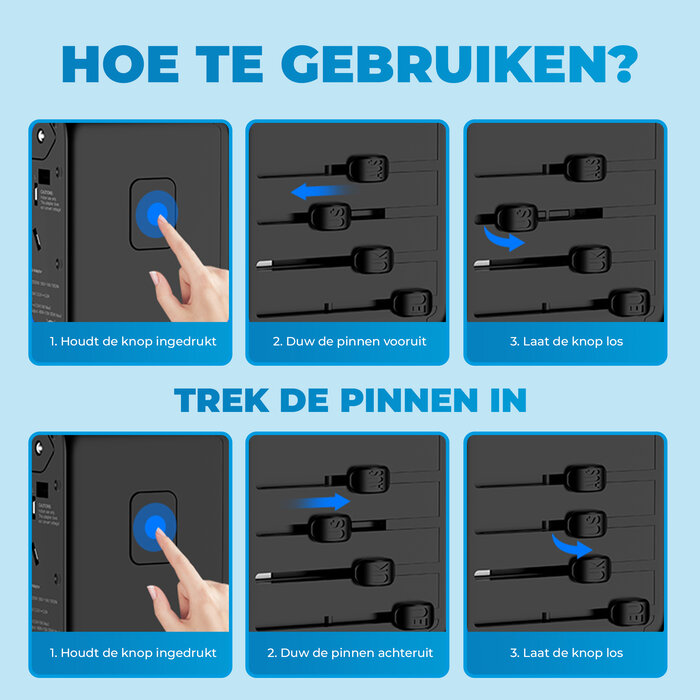 JVS Products Universele wereldstekker - Snellader 18W - Reisstekker - Internationale Reisadapter - 2x USB-C en 2x USB-A - 180+ Landen - Amerika (USA) - Zuid Amerika - Engeland (UK) - Azië - Europa - Afrika - 2500W - Wereldstekker lichtgewicht - Zwart