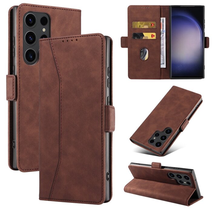JVS Products Samsung Galaxy S23 Ultra hoesje - Bookcase - Pasjeshouder - Portemonnee - Kunstleer - Donkerbruin