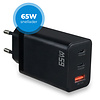 Snellader 65W - 2x USB-C PD Fast Charge - 1x USB-A Quick Charge 3.0 – Oplader 65 Watt - GaN Technologie - USB-C Adapter - Geschikt voor iPhone, Samsung, Laptop, etc. – Zwart