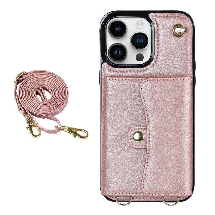 JVS Products iPhone 16e hoesje - Backcover - Koord - Pasjeshouder - Portemonnee - Kunstleer - Rose Goud
