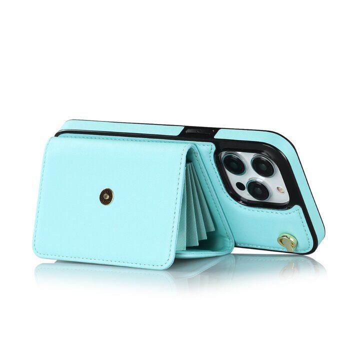 JVS Products iPhone 16e hoesje - Backcover - Koord - Pasjeshouder - Portemonnee - Kunstleer - Lichtblauw