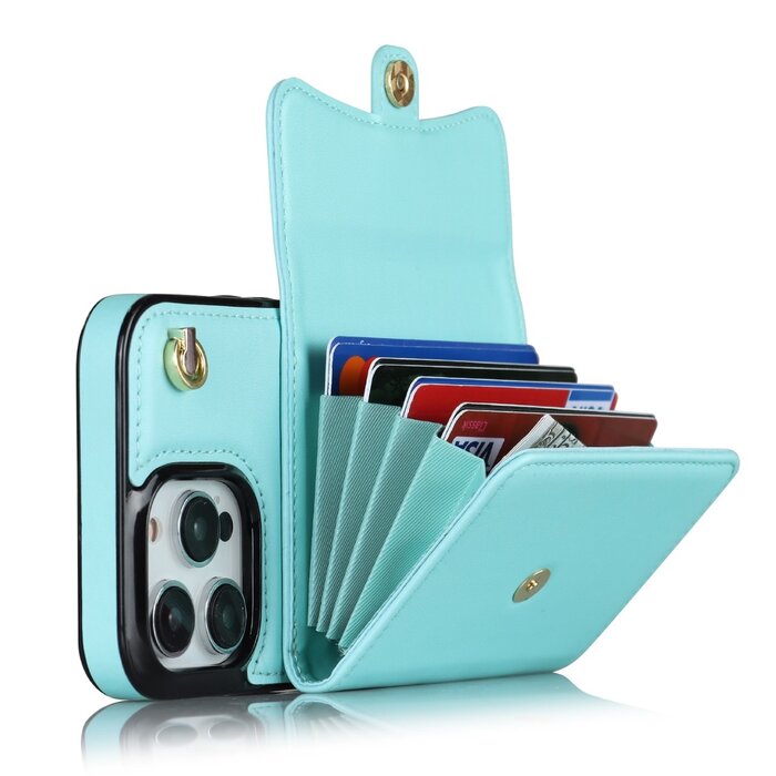 JVS Products iPhone 16e hoesje - Backcover - Koord - Pasjeshouder - Portemonnee - Kunstleer - Lichtblauw