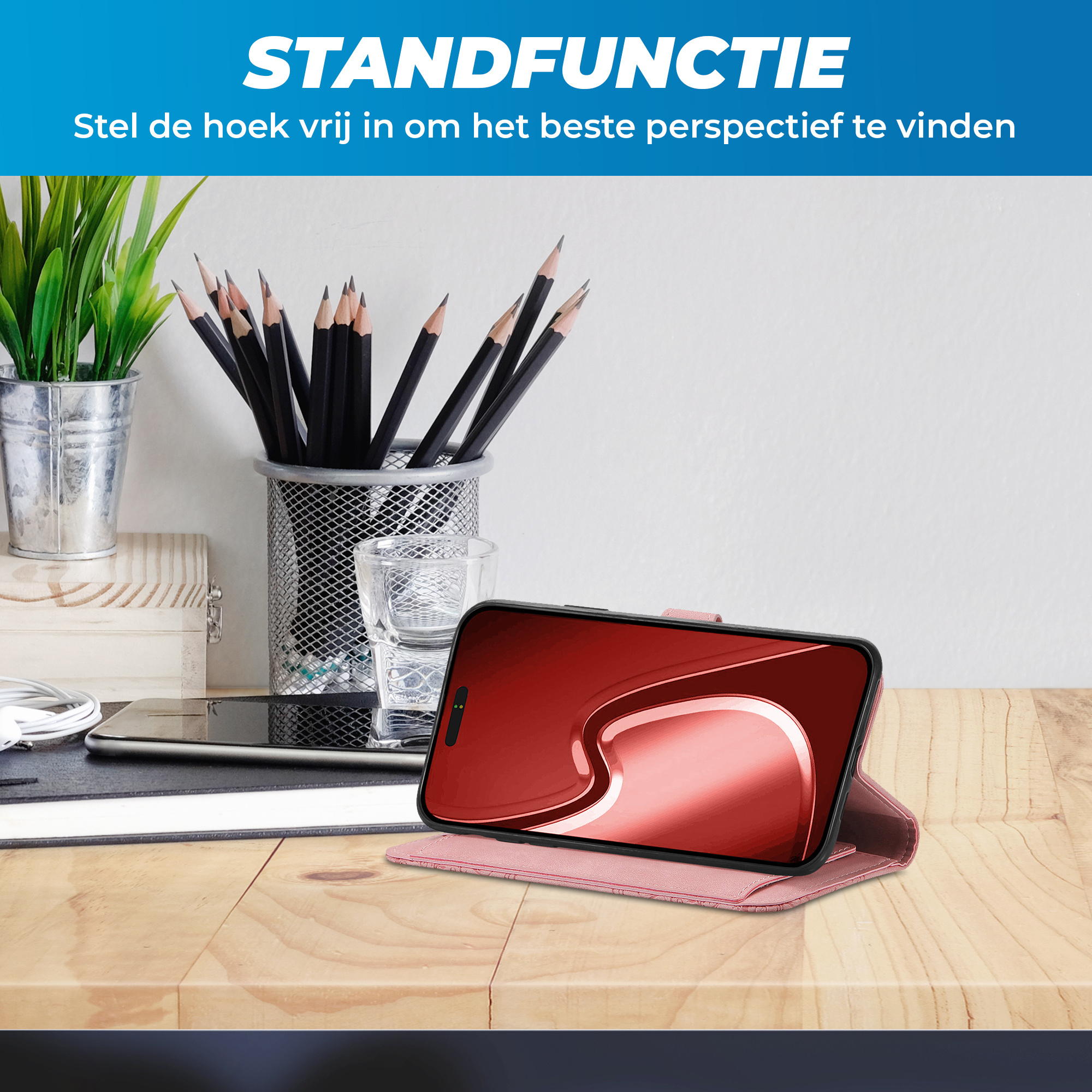 JVS Products iPhone 16e hoesje - Bookcase - Koord - Pasjeshouder - Portemonnee - Bloemenpatroon - Kunstleer - Roze