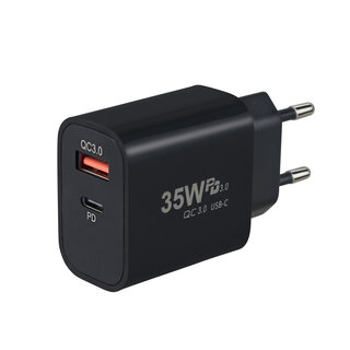 JVS Products Snellader 35W - 1x USB-C PD Fast Charge - 1x USB-A Quick Charge 3.0 – Oplader 35 Watt - GaN Technologie - USB-C Adapter - Geschikt voor Smartphones, Tablets, Etc. - Zwart