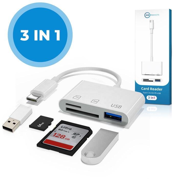JVS Products SD kaart lezer - 3 in 1 Hub - SD / Micro SD / TF Card Reader - Kaartlezer - USB A - Snelle Dataoverdracht - Inclusief USB-C naar USB-A Adapter - Wit