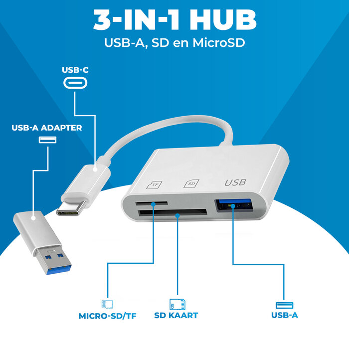 JVS Products SD kaart lezer - 3 in 1 Hub - SD / Micro SD / TF Card Reader - Kaartlezer - USB A - Snelle Dataoverdracht - Inclusief USB-C naar USB-A Adapter - Wit