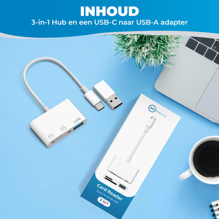 JVS Products SD kaart lezer - 3 in 1 Hub - SD / Micro SD / TF Card Reader - Kaartlezer - USB A - Snelle Dataoverdracht - Inclusief USB-C naar USB-A Adapter - Wit