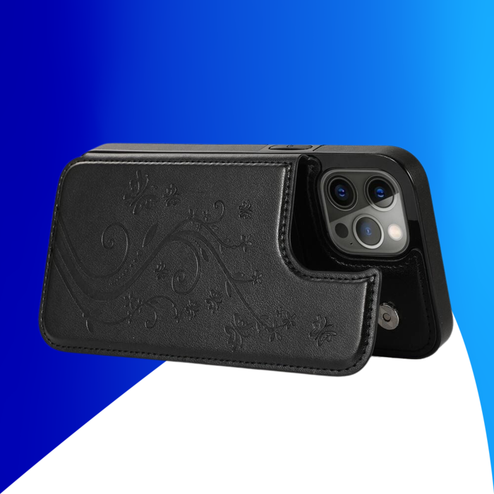 JVS Products iPhone 17 Air hoesje - Backcover - Pasjeshouder - Portemonnee - Bloemenprint - Kunstleer - Zwart