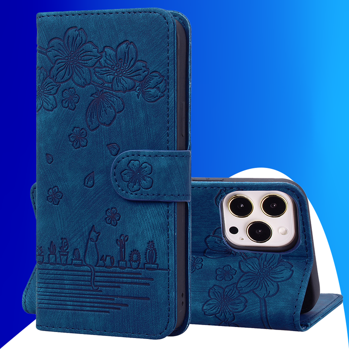 JVS Products iPhone 17 Pro hoesje - Bookcase - Koord - Pasjeshouder - Portemonnee - Camerabescherming - Bloemenpatroon - Kunstleer - Blauw