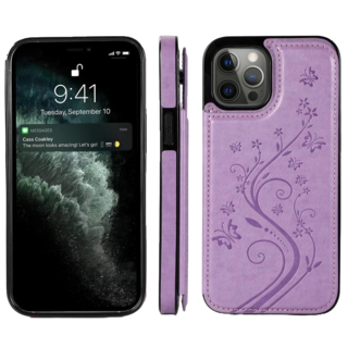 JVS Products iPhone 17 Air hoesje - Backcover - Pasjeshouder - Portemonnee - Bloemenprint - Kunstleer - Paars
