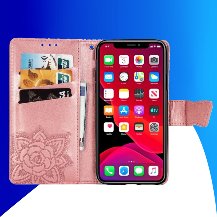 JVS Products iPhone 17 Pro hoesje - Bookcase - Pasjeshouder - Portemonnee - Vlinderpatroon - Kunstleer - Rose Goud