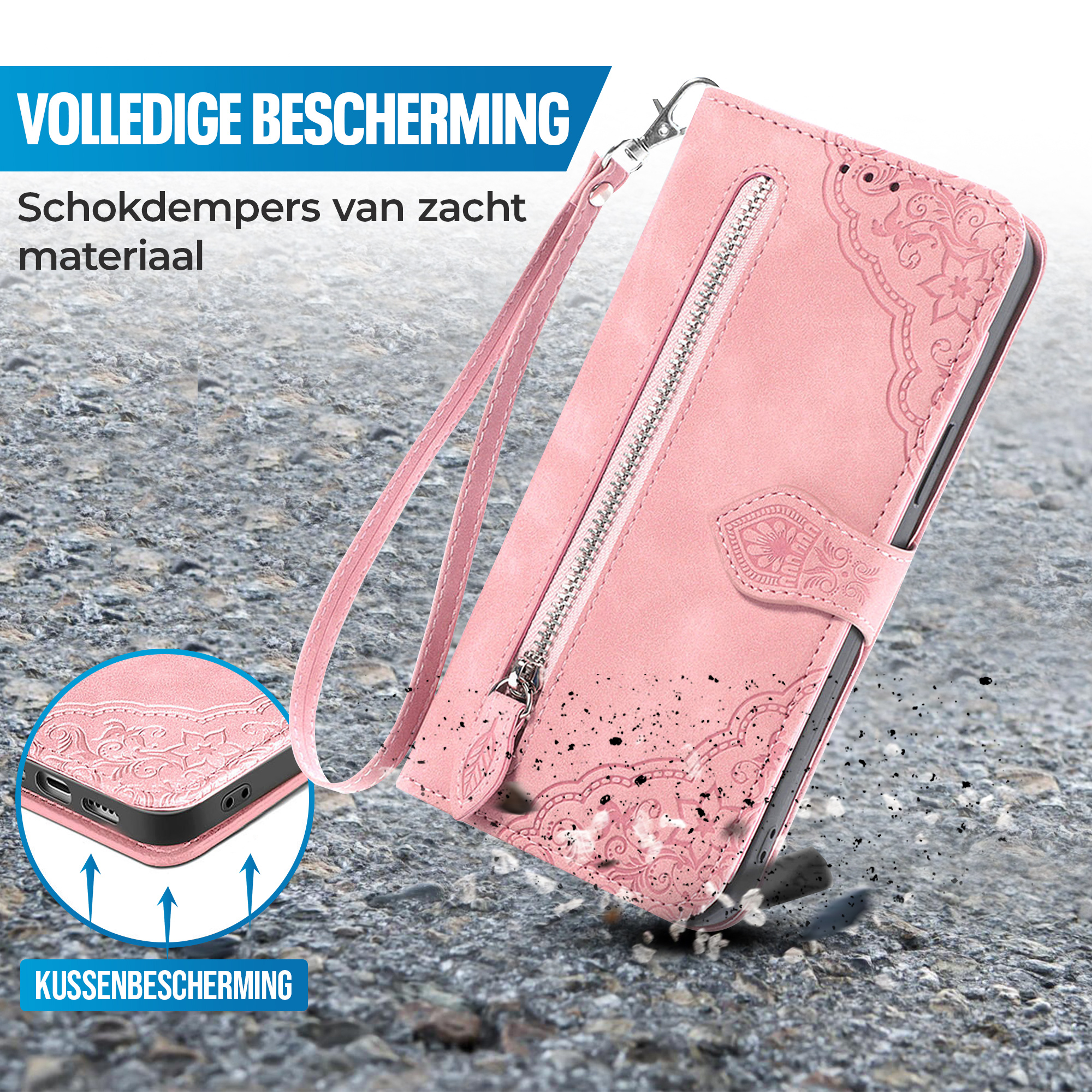 JVS Products iPhone 17 Pro hoesje - Bookcase - Koord - Pasjeshouder - Portemonnee - Bloemenpatroon - Kunstleer - Roze