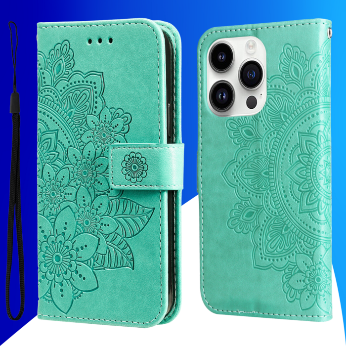 JVS Products iPhone 17 Pro hoesje - Bookcase - Pasjeshouder - Portemonnee - Bloemenprint - Kunstleer - Turquoise
