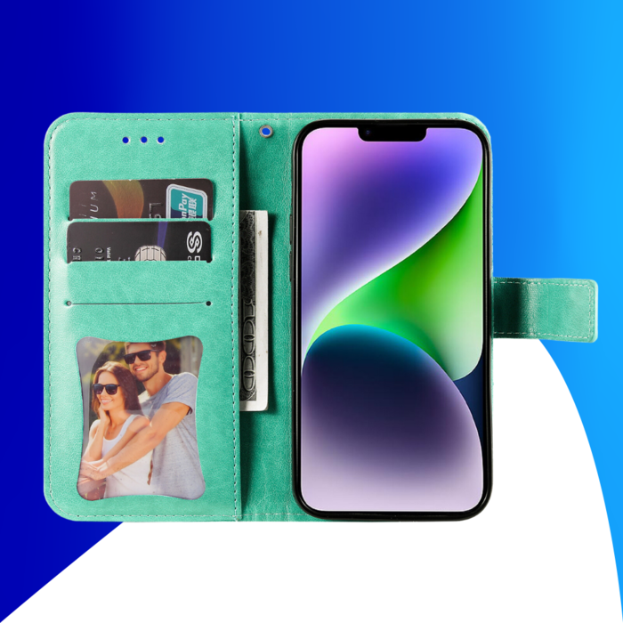 JVS Products iPhone 17 Pro Max hoesje - Bookcase - Pasjeshouder - Portemonnee - Bloemenprint - Kunstleer - Turquoise