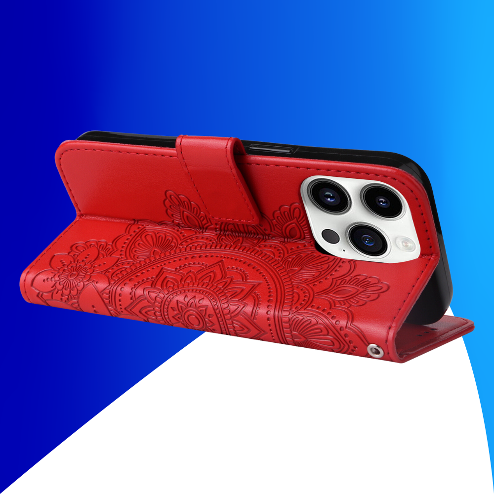 JVS Products iPhone 17 Pro Max hoesje - Bookcase - Pasjeshouder - Portemonnee - Bloemenprint - Kunstleer - Rood