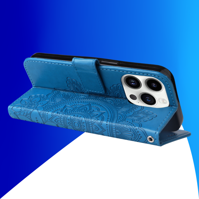 JVS Products iPhone 17 Pro Max hoesje - Bookcase - Pasjeshouder - Portemonnee - Bloemenprint - Kunstleer - Blauw