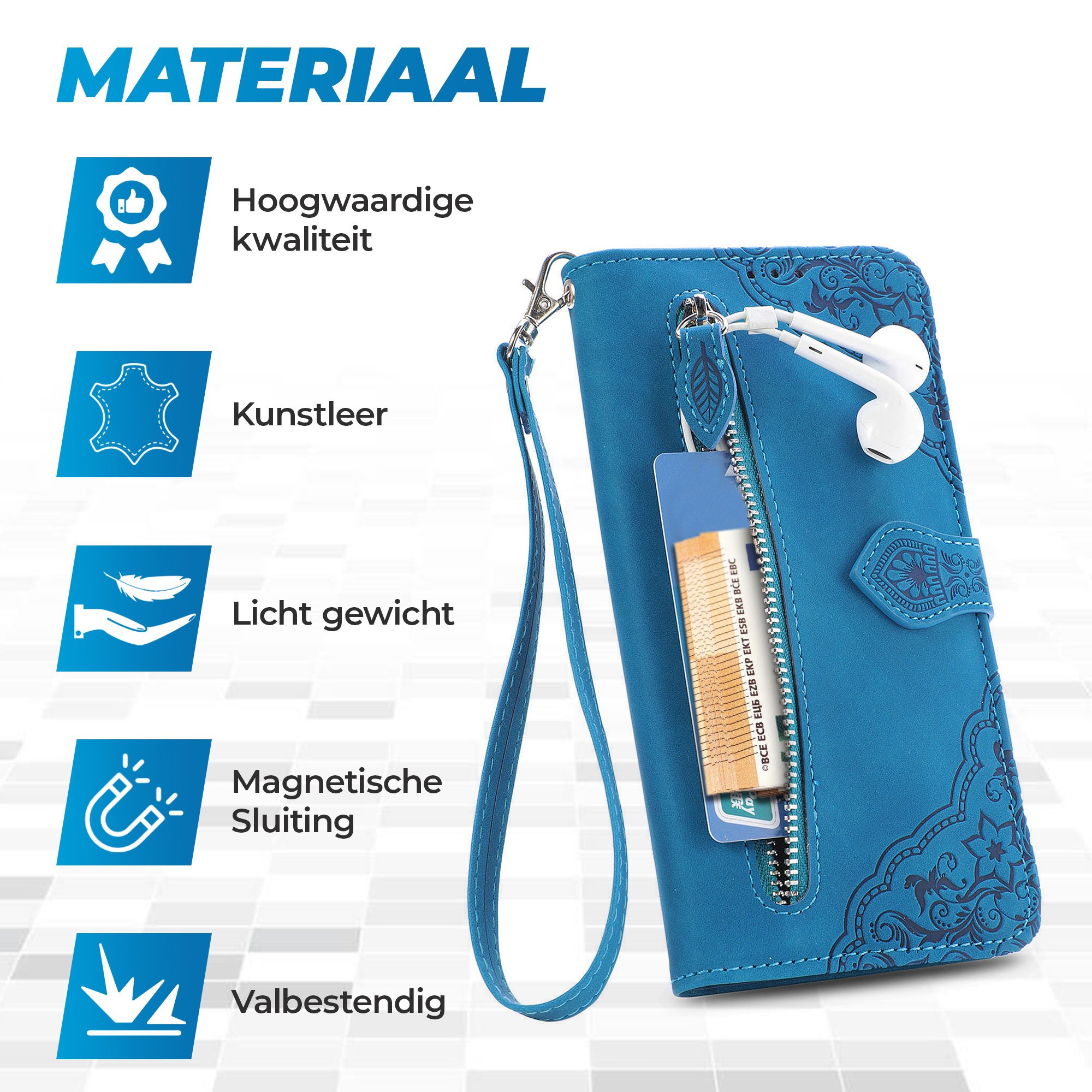 JVS Products Samsung Galaxy S26 Plus hoesje - Bookcase - Koord - Pasjeshouder - Portemonnee - Bloemenpatroon - Kunstleer - Blauw