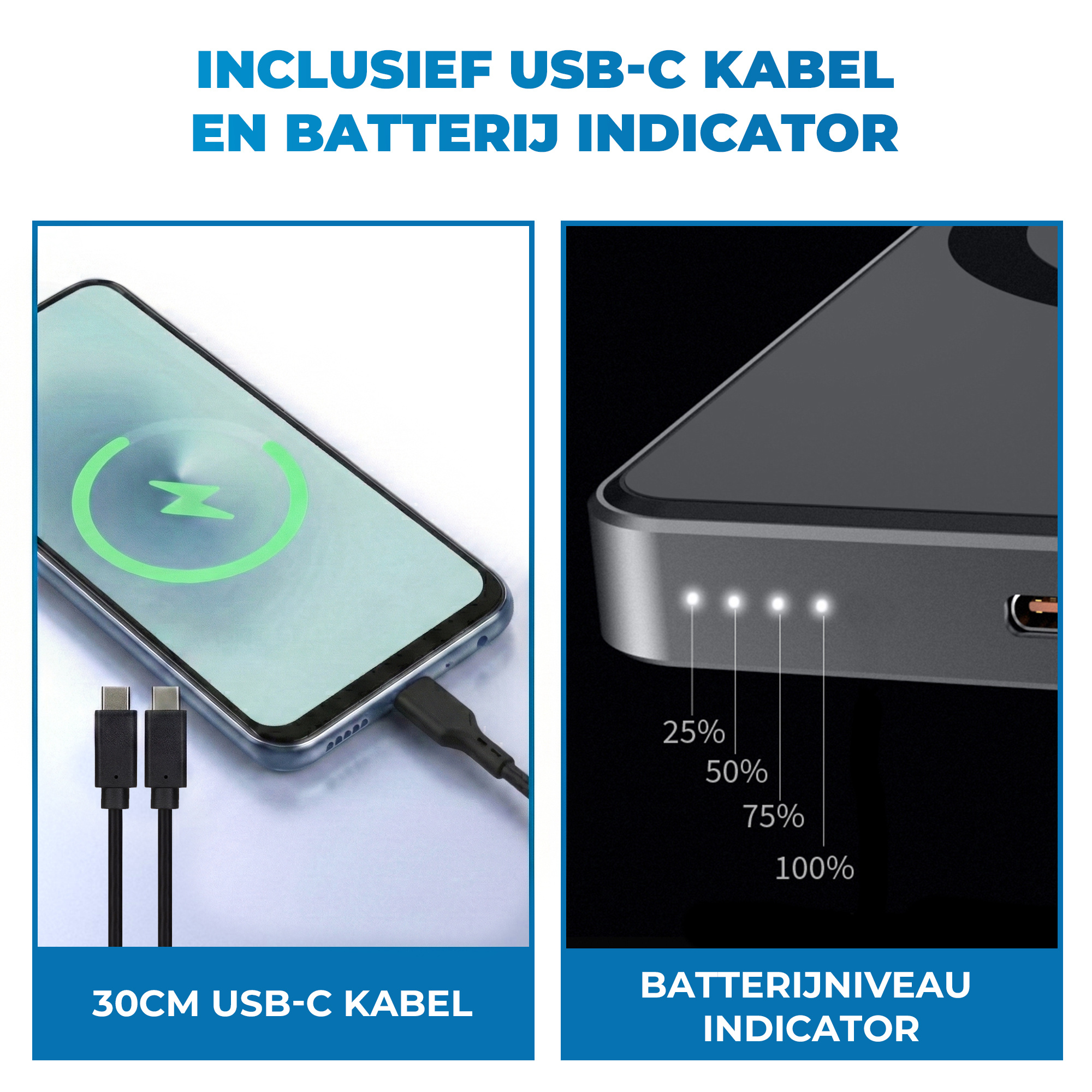 JVS Products Draadloze Powerbank 10000mAh - 20W Snellader - Geschikt voor MagSafe - 1x USB C input en output - USB-C kabel en Magnetische ring meegeleverd - Powerbank klein - Powerbank lichtgewicht - Zwart