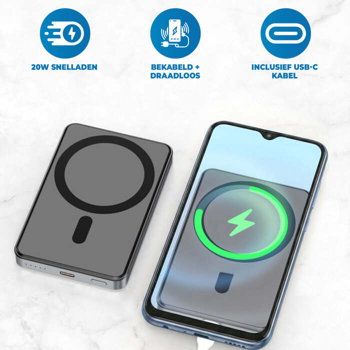 JVS Products Draadloze Powerbank 10000mAh - 20W Snellader - Geschikt voor MagSafe - 1x USB C input en output - USB-C kabel en Magnetische ring meegeleverd - Powerbank klein - Powerbank lichtgewicht - Zwart