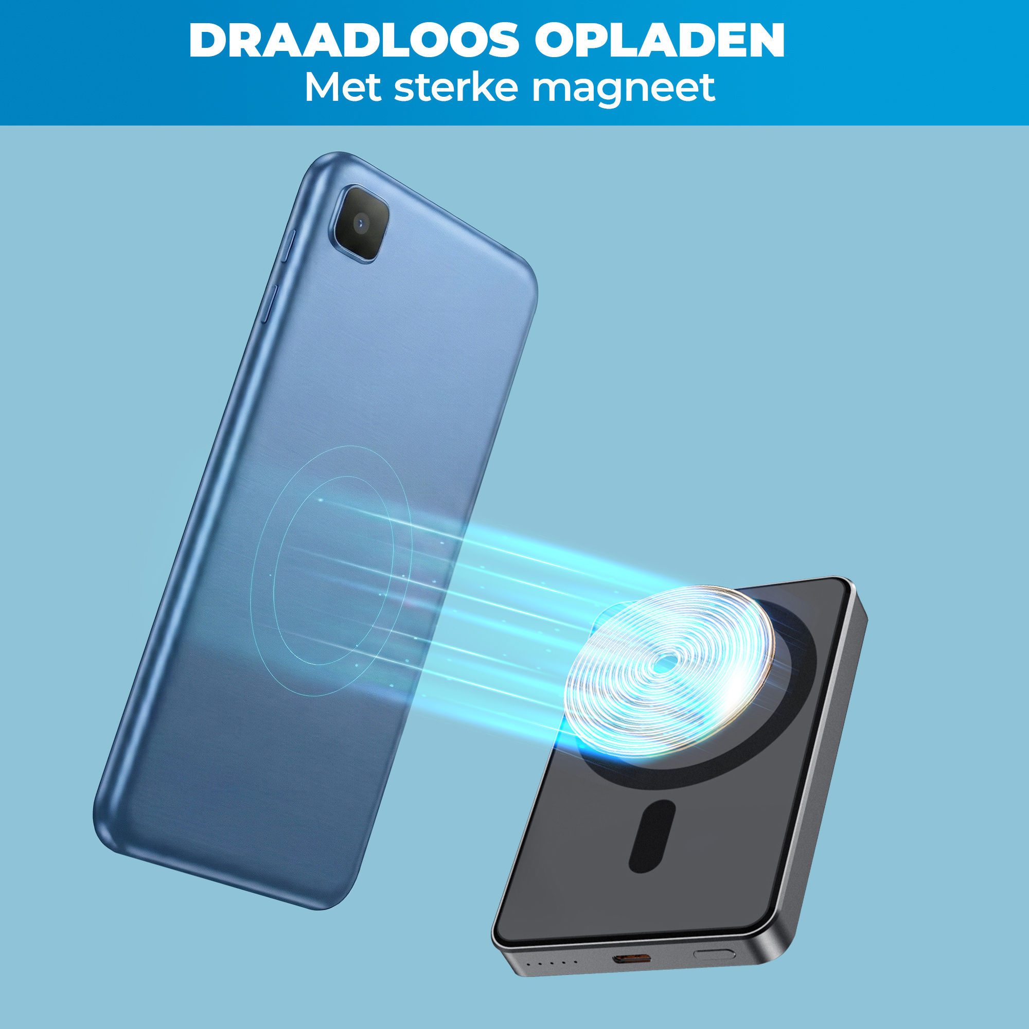 JVS Products Draadloze Powerbank 10000mAh - 20W Snellader - Geschikt voor MagSafe - 1x USB C input en output - USB-C kabel en Magnetische ring meegeleverd - Powerbank klein - Powerbank lichtgewicht - Zwart